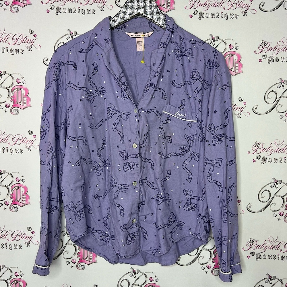Victoria secret shirt button up bow ribbon ๐ pattern purple dream pocket cute